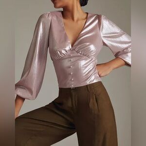 Anthropologie Flat White Pink Shine Blouse long Sleeves & front buttons Size S